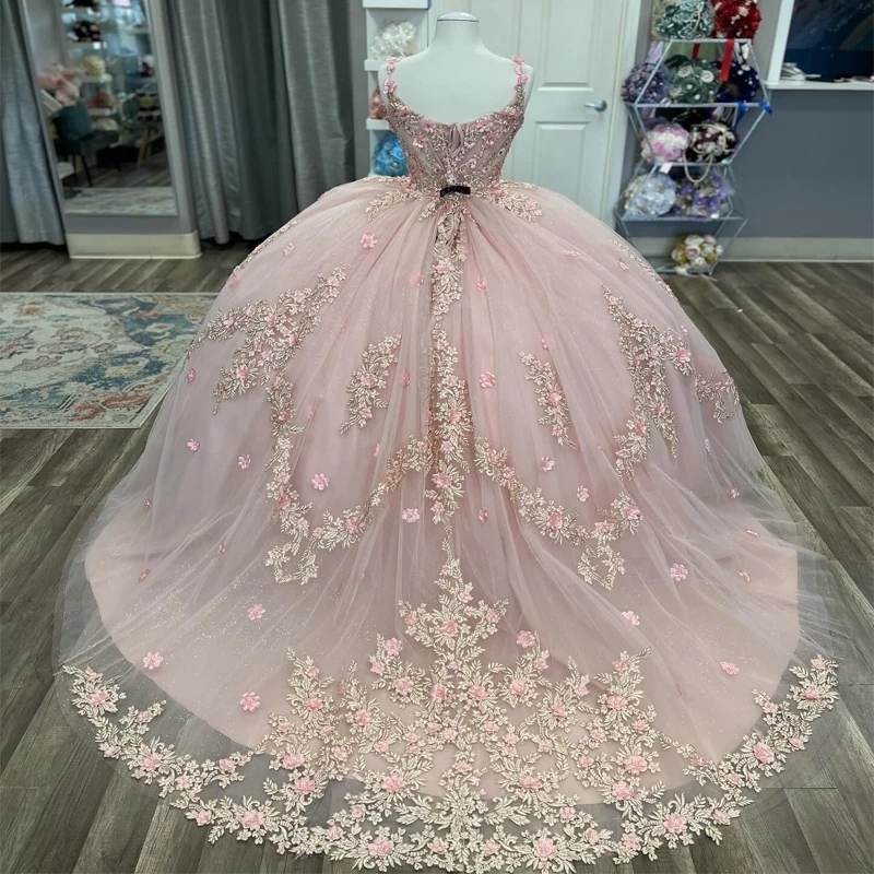 Mexican Pink Shiny Quinceanera Dresses Ball Gown 3D Floral Applique Beaded Crystal Tull Corset With Cape Sweet 16 Vestidos De 15 Anos