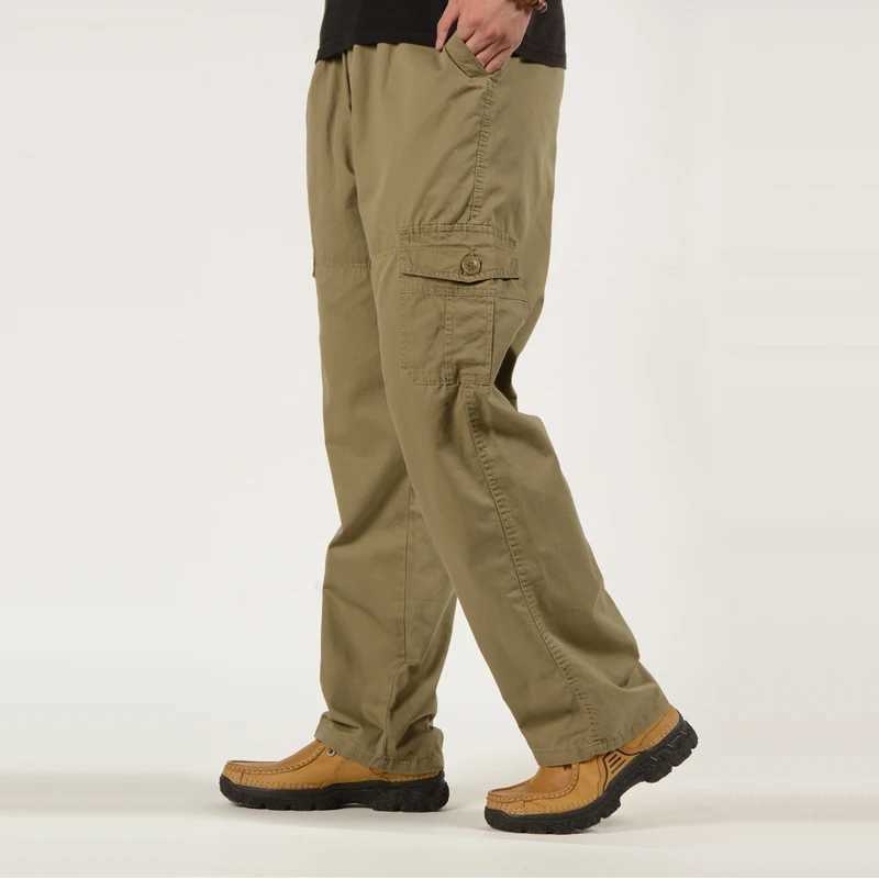 Mens oversized cargo pants with multiple pockets military mens pants plus size drawstring pockets tactical pants khaki straight pants W240930