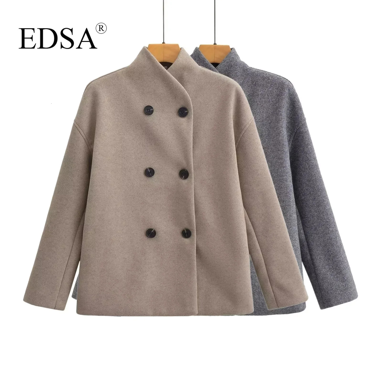 EDSA womens solid color wool jacket doublelayer long sleeved loose suitable for office turtle neck half season 240924