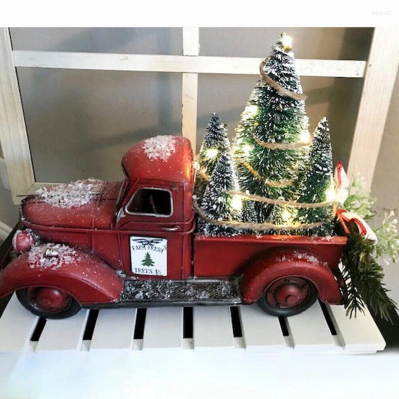Christmas Decorations Vintage Red Truck Decorative Ornaments With Mini Tree Retro Farmhouse Crafts For Holiday