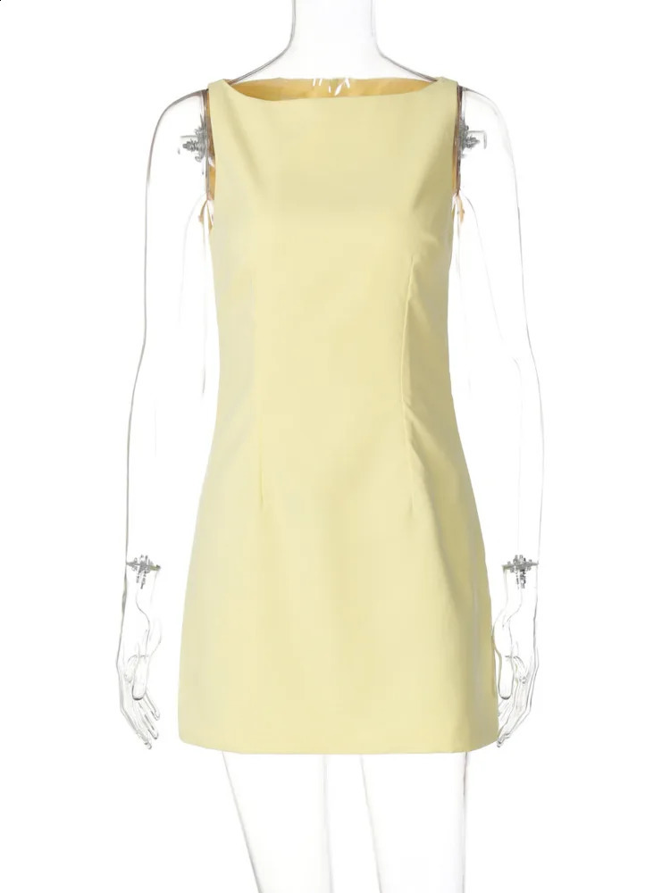 Mozision Fashion Sleeveless Sexy Mini Dress For Women Solid Color O Neck Zipper Two Layer Bodycon Club Party Elegant 240929