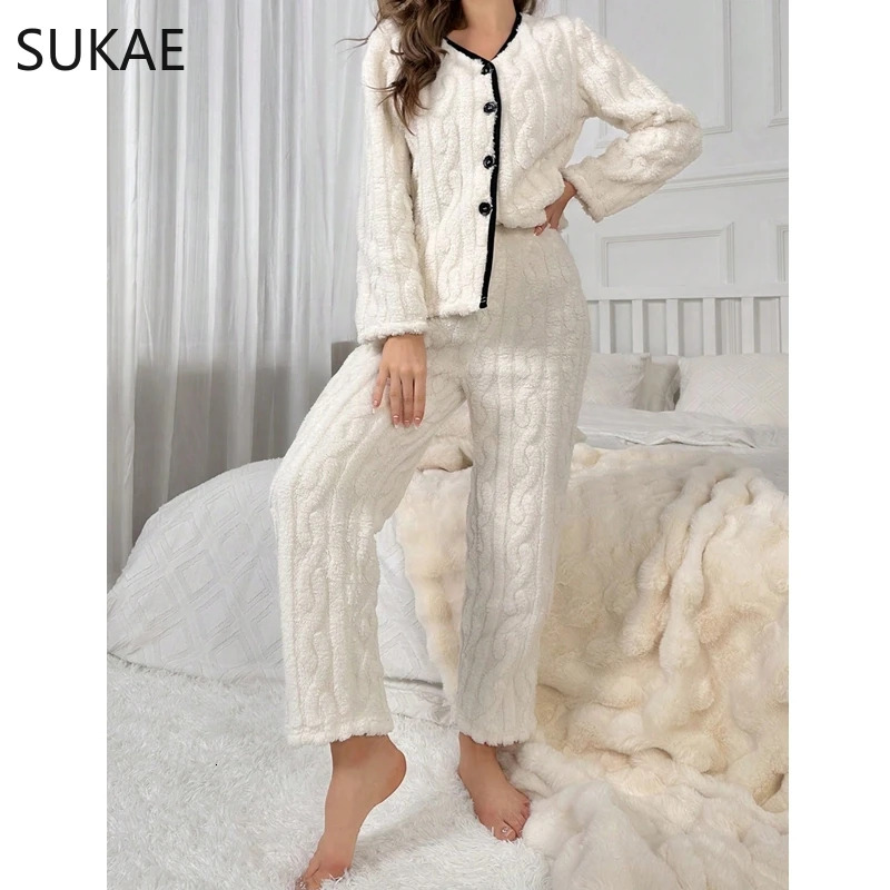2024 Warm Winter Women Pamas Set Jacquard Fluffy Lady Sleepwear Elegant Plain White V-neck Lapel Thermal Pijamas Casual Nightwear