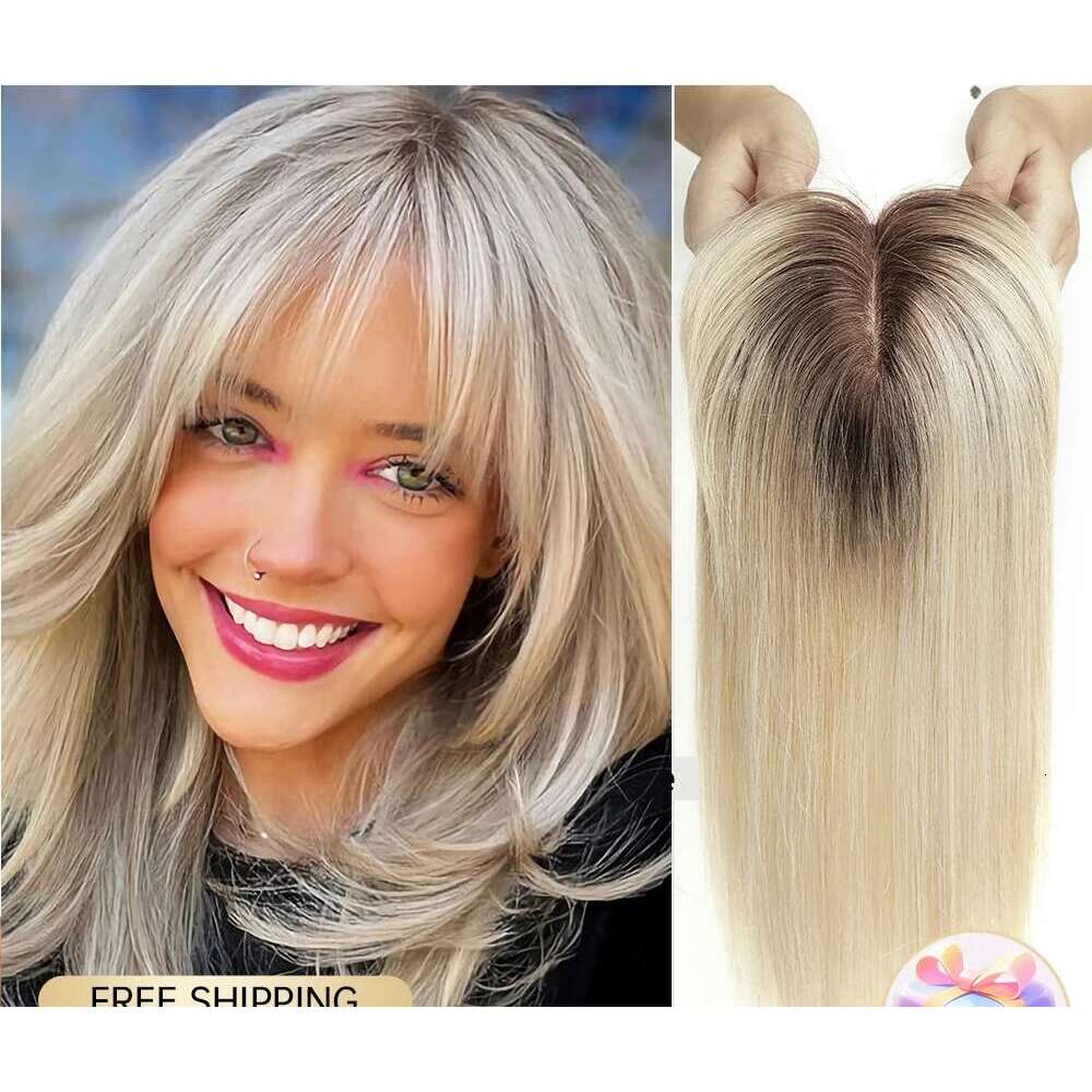 10/12/14 inches for Women Brown Blonde Ombre Human Toppers Silk Base Clips in Hair Extension Topper With Bangs
