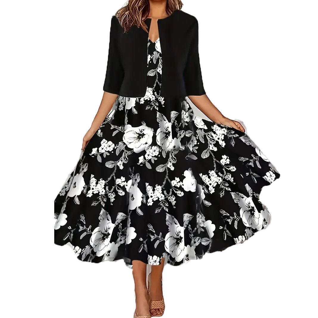2024 European and American autumn new women's long dress two-piece set with floral print round neck jacket for women