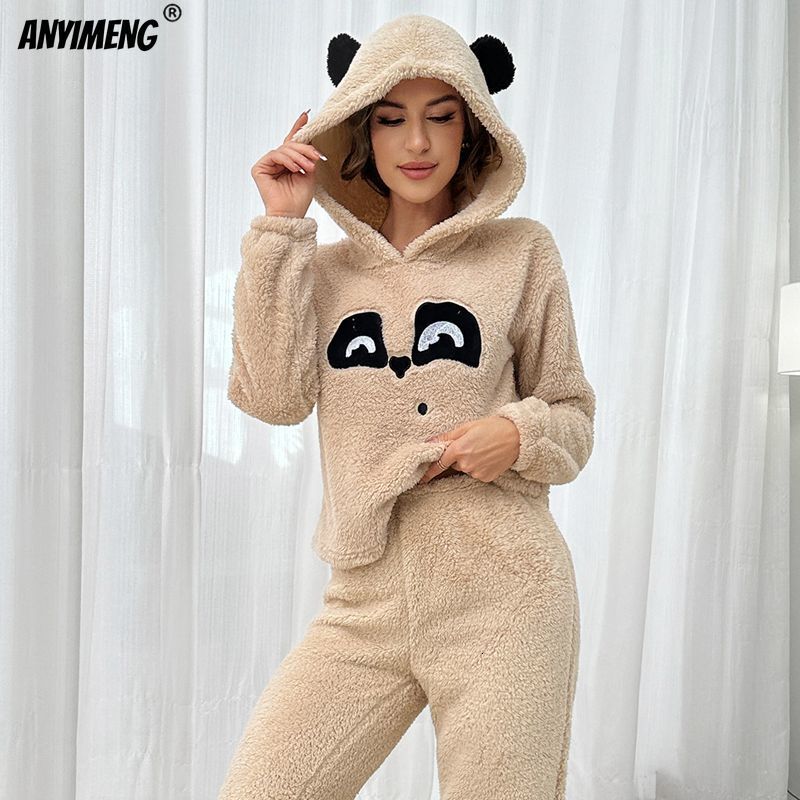 2024 Cute Panda Woman Hoodies Thermal Pamas Set Winter Thick Sleepwear Leisure Hoody Pijamas Casual Girls Fluffy Teddy Homesuits