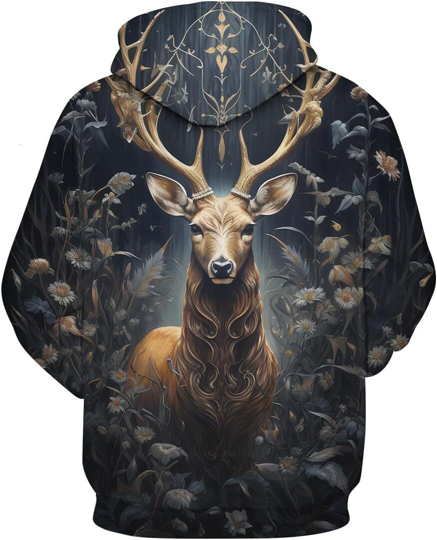 Hoodie for Mens Womens Colorful Dream Aurora Deer Hoodie Hoodies 3D Printing Novelty Forest Animal Sweatshirts Pullover,Grey Graphic Hoodies sweatshir