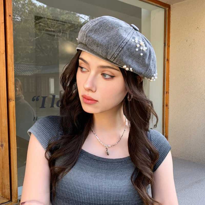 Spring and Autumn Womens Pearl Decorative Denim Beret Outdoor Leisure Artist Hat Travel Shopping Hat MZ1590 W240928
