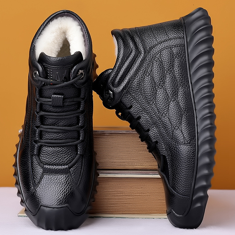 2024 New Snow Boots Top Leather Wool Winter Cotton High Top Casual Leather Plush Thickened Warm Dad Leather Shoes Men's