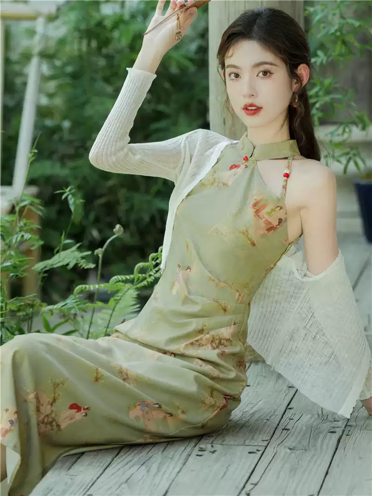 Summer Green Floral Hanfu-Inspired Sleeveless Cheongsam Dress for Women - New Chic Modern Chinese Style