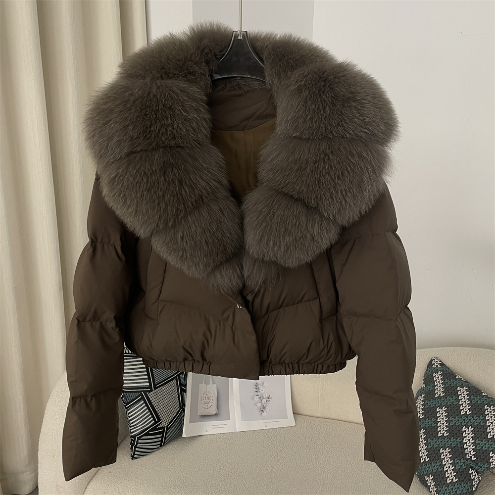 Women Short Puffer Jacket Thick New Big Natural Real Fox Fur Autumn Winter Female White Duck Down Coat Feather