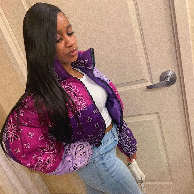 Y2k Casual Printed Puff Bandana Jacket Womens Winter Jacket Warm Fashion Clothing Street Clothing Crop Parka Puff Bubble Jacket 240924