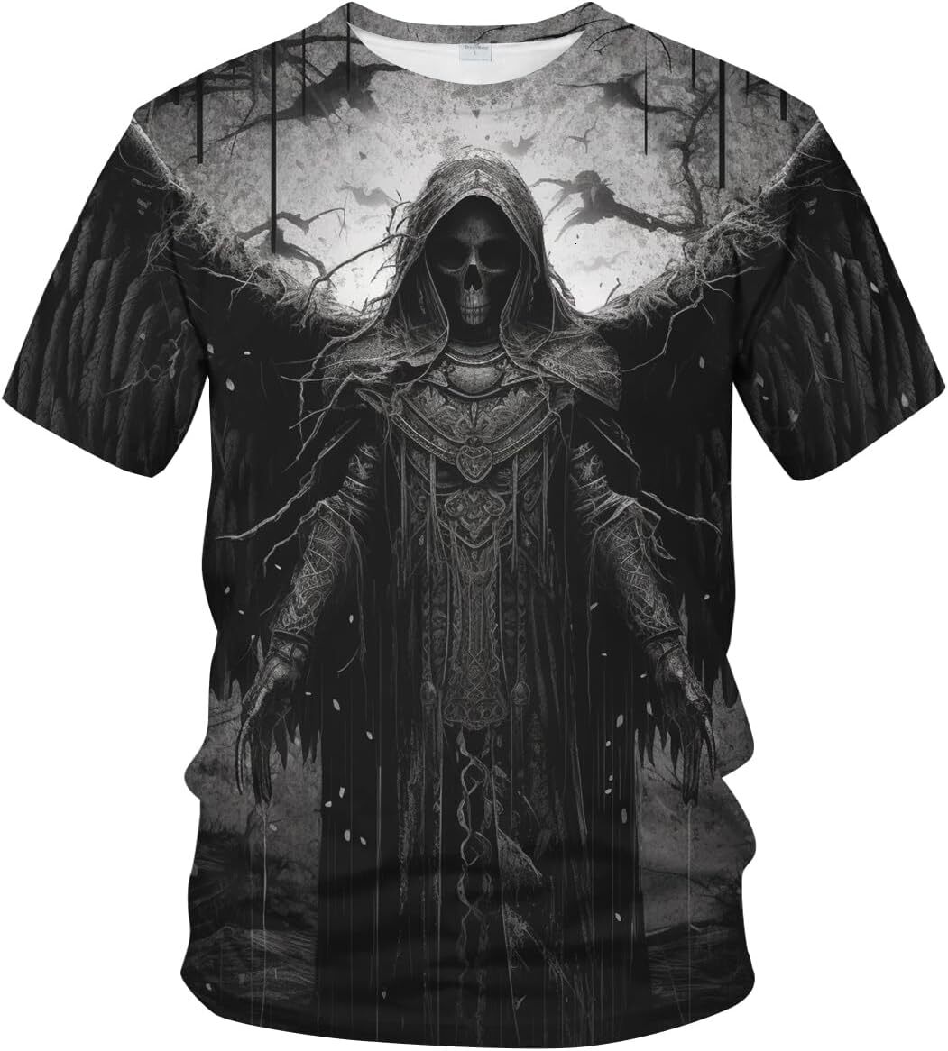Mens T shirt Gothic Psychedelic Skull Graphic Short Sleeve Sword Winged Skeleton King Shirt Tee graphic tee Casual tops summer clothes Short sleeve