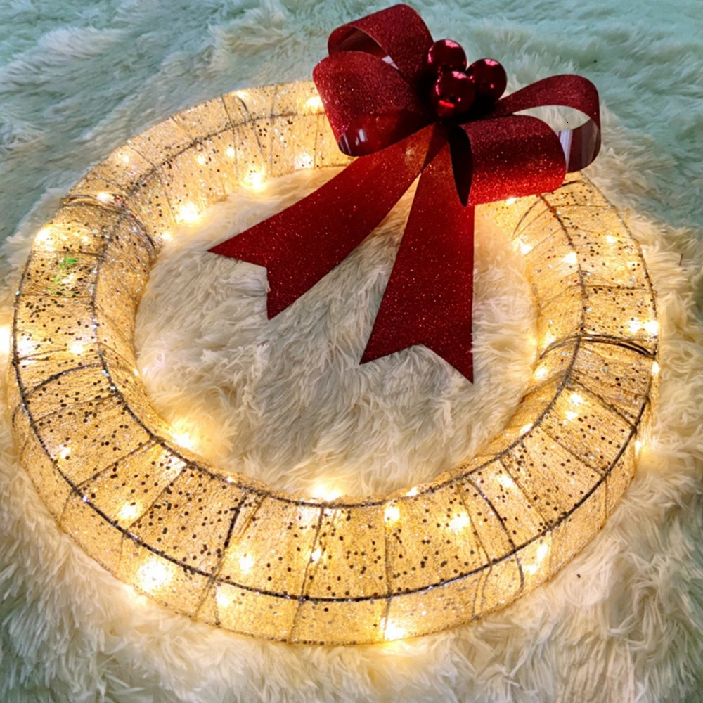 Lighted Christmas Front Metal Xmas Wreath with Light Battery Operated for Home Decor Wall Door Party Holiday 240929