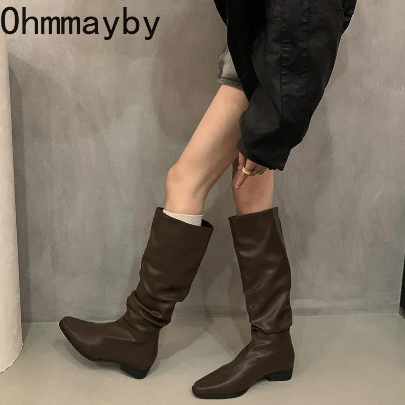 Vintage Women Knee High Boots Fashion Soft Leather Shoes Autumn Winter Thick Heel Ladies Knight Long Booties 241101