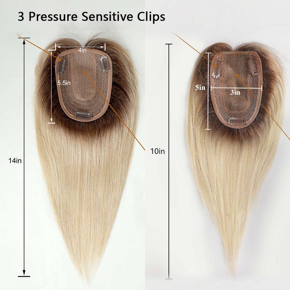 10/12/14 inches for Women Brown Blonde Ombre Human Toppers Silk Base Clips in Hair Extension Topper With Bangs
