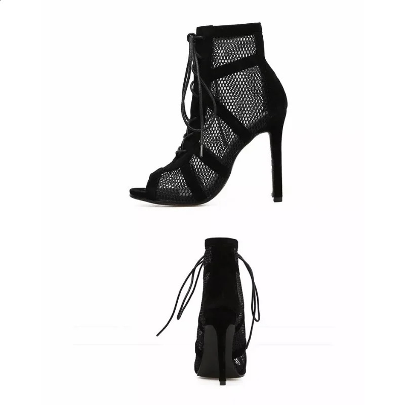 Fashion Show Black Net Fabric Cross Strap Sexy High Heel Sandals Woman Shoes Pumps Laceup Peep Toe Casual Mesh y240924