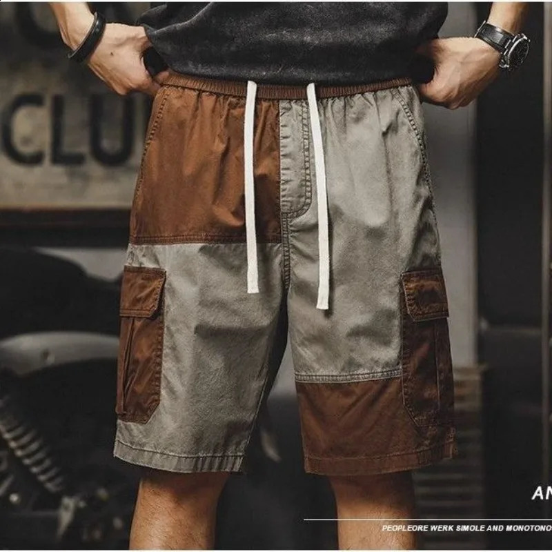 Mens cargo shorts retro brushed mens shorts loose stitching plus size width oversized pockets stretch six fold Whate Y2k 240929