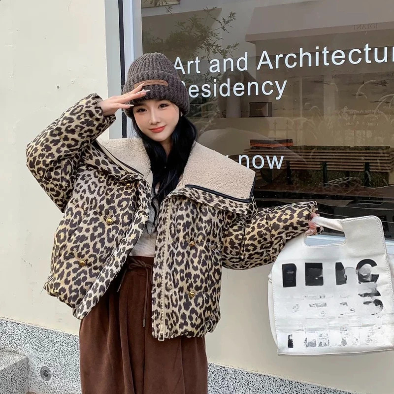 Winter coat womens down jacket leopard print sheepskin patch work coat big collar thick warm down jacket 240926