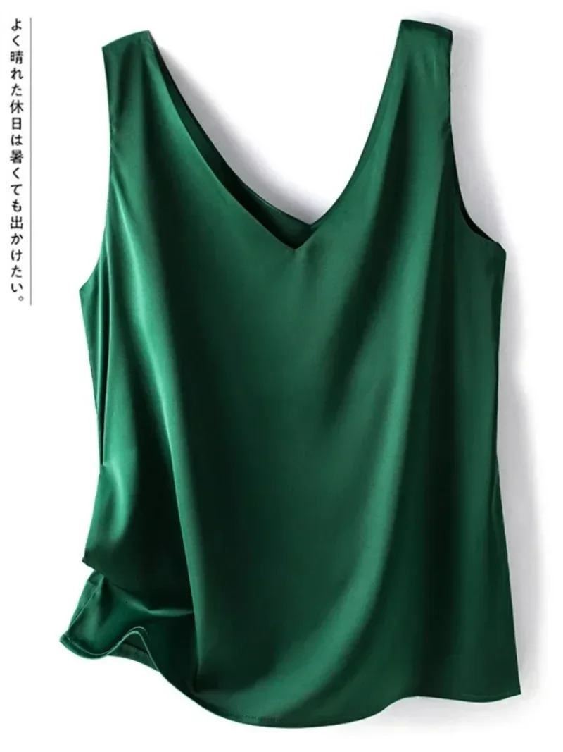 Woman T-shirts Elegant SILK Satin Blouse Sleeveless Female Summer 2024 Casual Loose Tanks and Camis Solid Green Tops for Women 240930