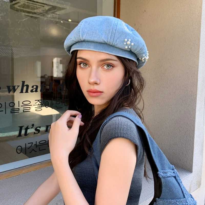 Spring and Autumn Womens Pearl Decorative Denim Beret Outdoor Leisure Artist Hat Travel Shopping Hat MZ1590 W240928
