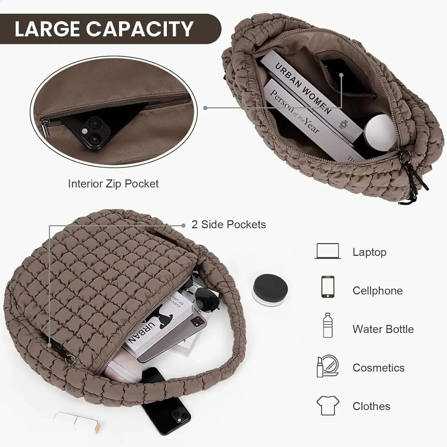 Women Tote Bag Large Quilted Carryall Puffer Shoulder Bag Lightweight Padding Hobo Bag bolsas bolso mujer 240907