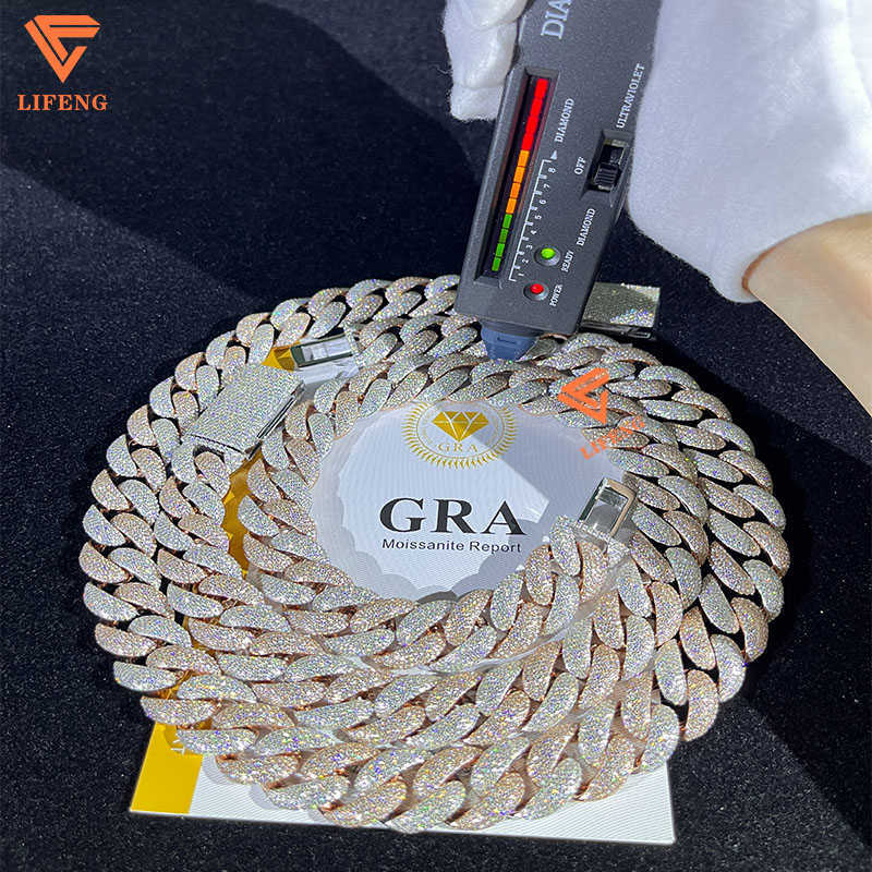 Lifeng jewelry 18mm two tone Cuban link chain VVS Moissanite bubble hiphop pass diamond tester Sterling silver cuban necklace