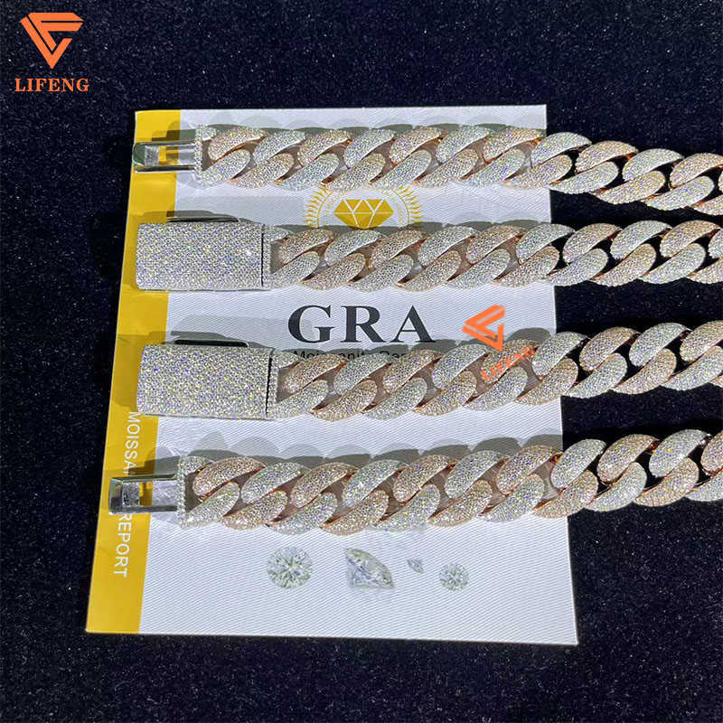 Lifeng jewelry 18mm two tone Cuban link chain VVS Moissanite bubble hiphop pass diamond tester Sterling silver cuban necklace