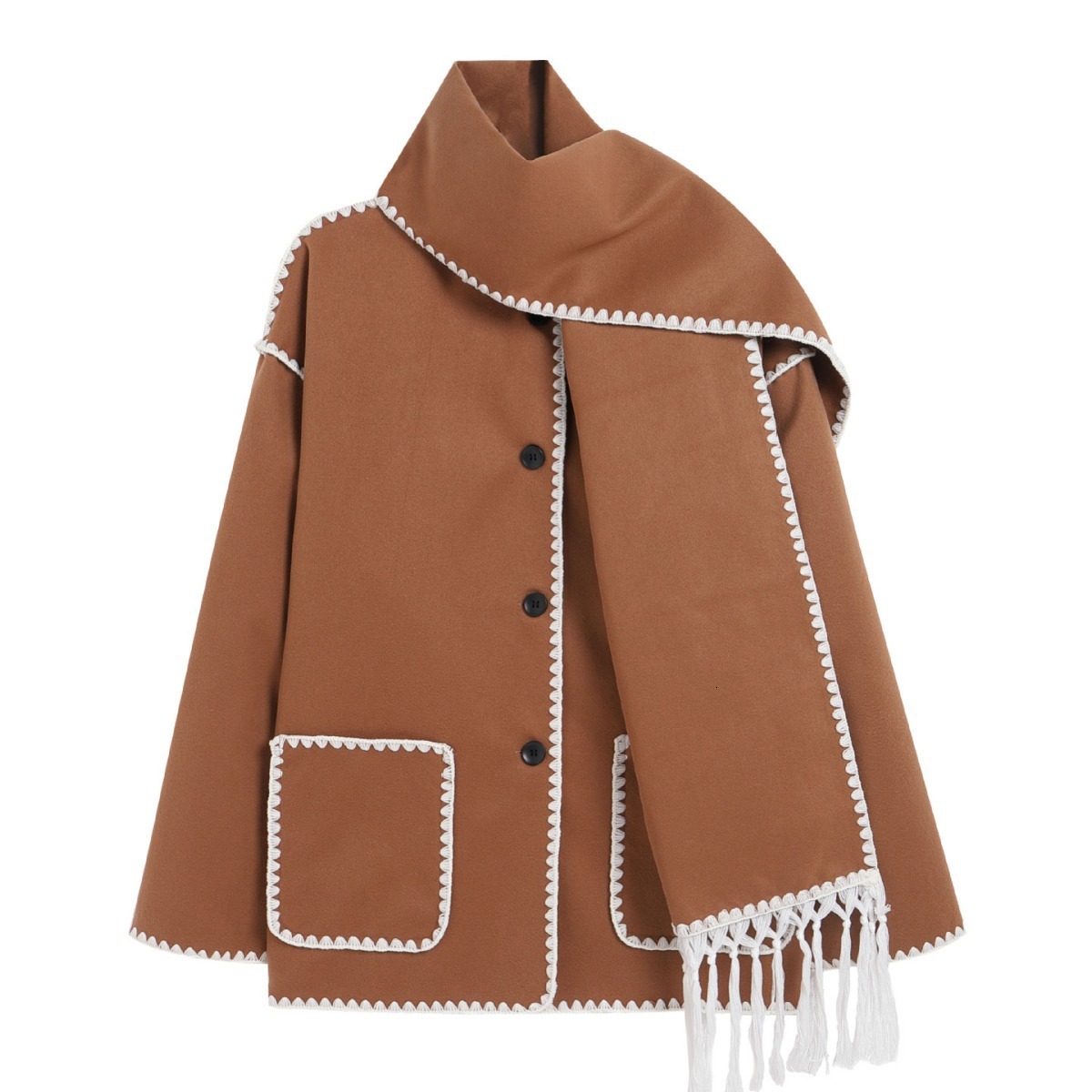 Lanjia- 2024 Autumn/Winter New European And American Fashion Woolen Coat Thickened Loose With Scarf Tassel Women's Style 22708