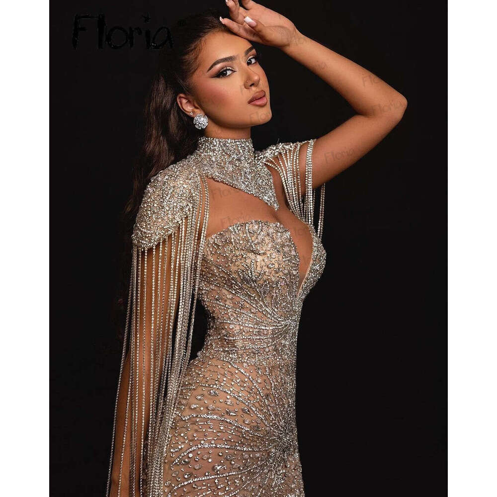 Long Tassel Shoulder Evening Dress Heavy Handmade Crystals Midi Maix Prom Gowns Dubai Vestido Noiva Vestidos De Gala
