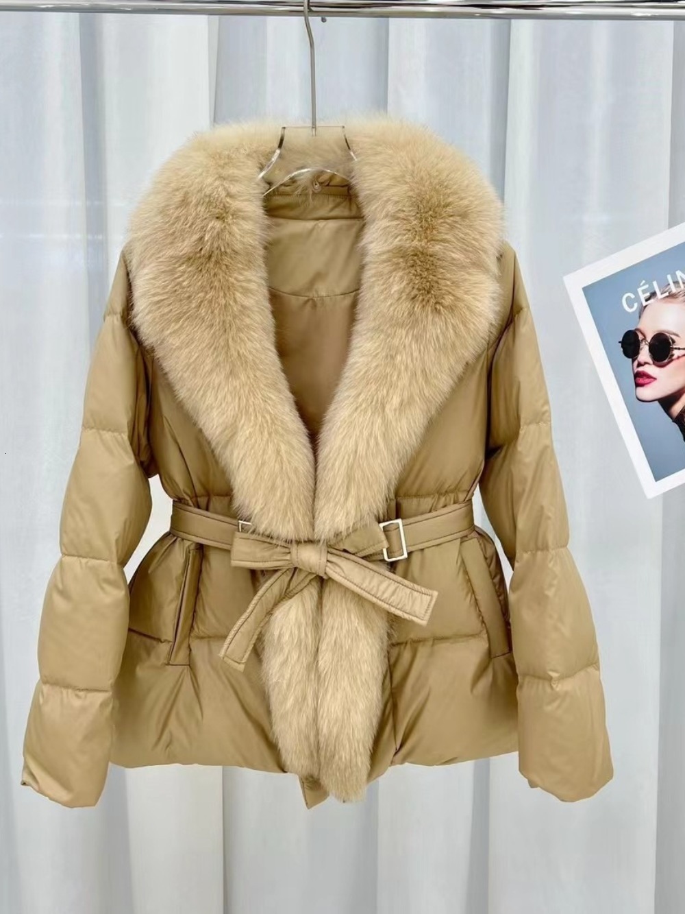 2024 Winter New Natural Fox Fur Collar White Goose Down Jacket Women Warm Parkas Slim Coat With Belt Outwear Female