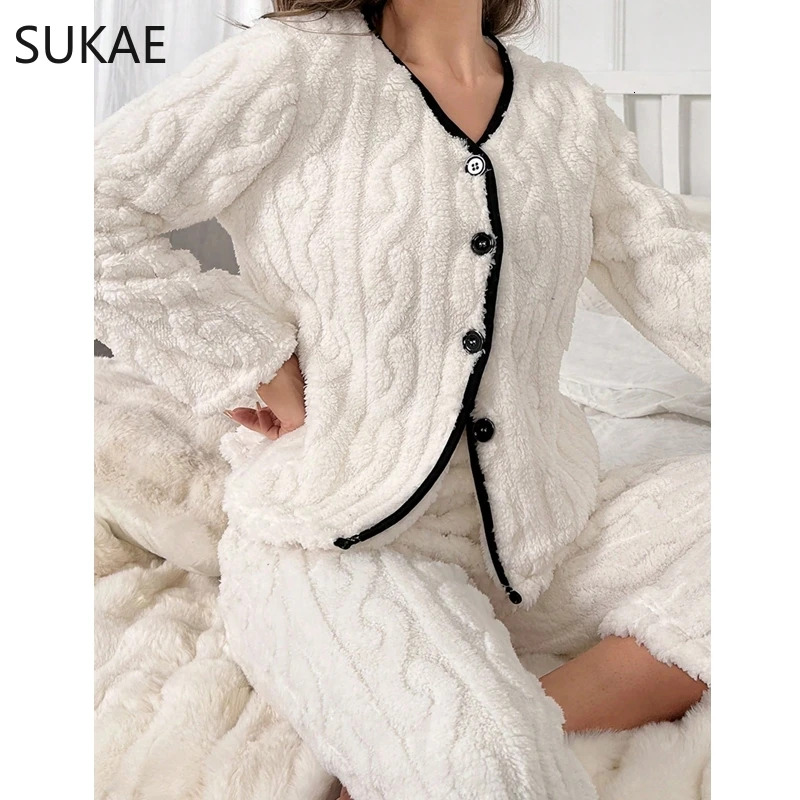 2024 Warm Winter Women Pamas Set Jacquard Fluffy Lady Sleepwear Elegant Plain White V-neck Lapel Thermal Pijamas Casual Nightwear