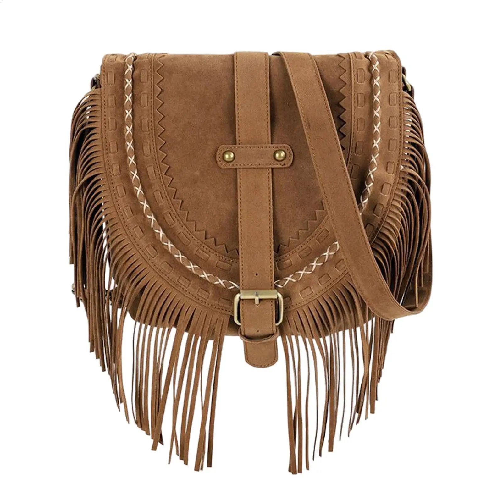 Fashionable retro handmade suede tassel shoulder cross messenger bag vintage Bohemian womens summer handbag 240923