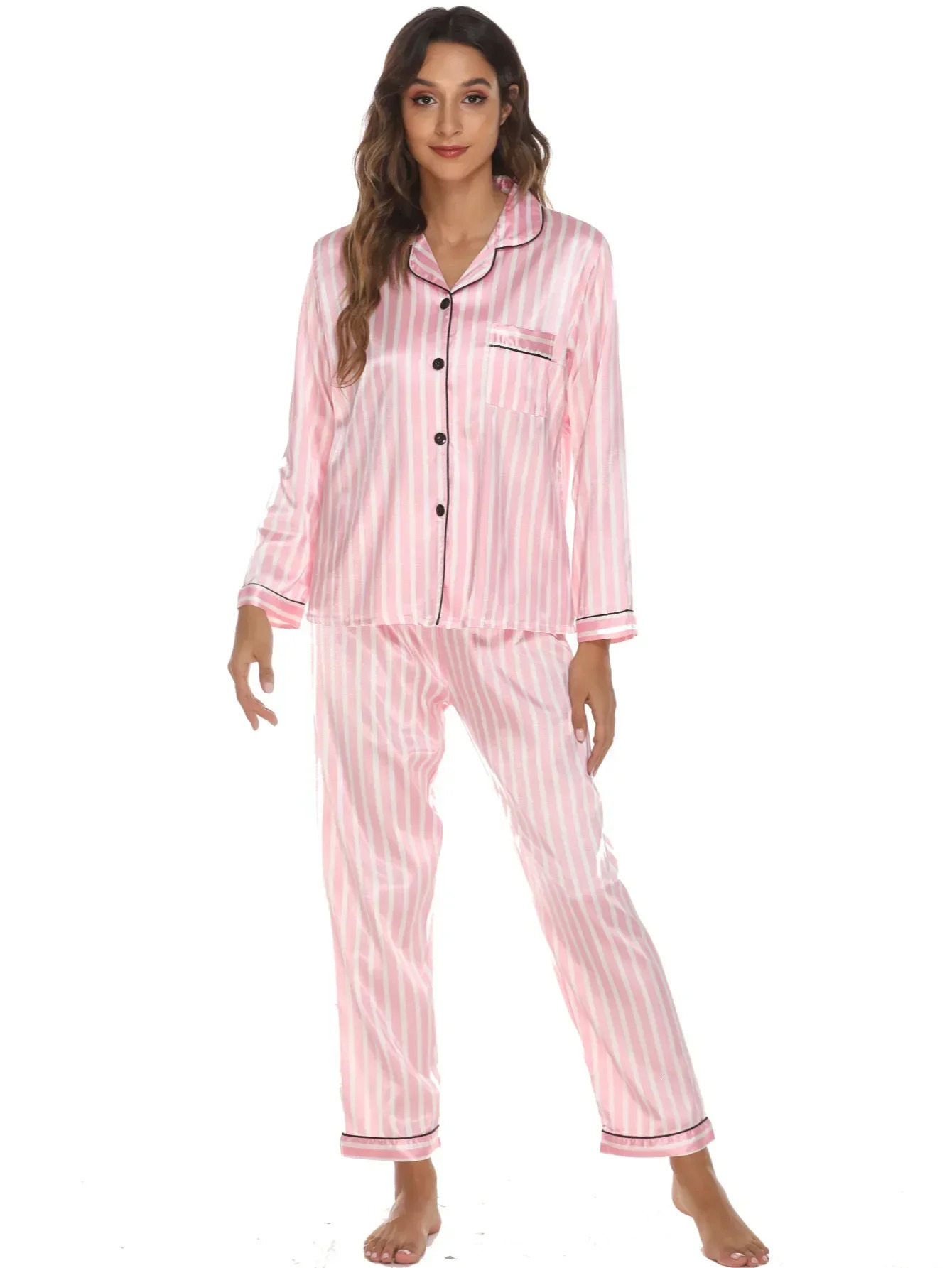 Long Trousers Pjamas for Women Home Wear Suit Multi Colors Satin Cardigan Shirt Tops with Long Pants Pijamas De Mujer 240930