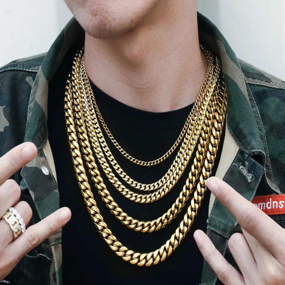 Gold Miami Cuban Link Chain Necklace Men Hip Hop Solid Stainless Steel Jewelry Necklaces