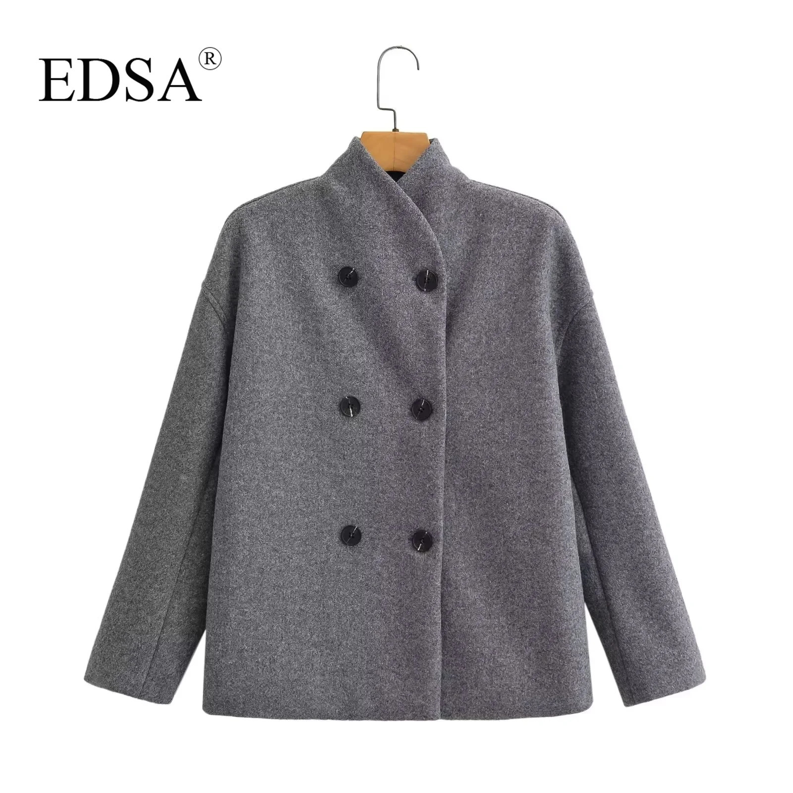 EDSA womens solid color wool jacket doublelayer long sleeved loose suitable for office turtle neck half season 240924
