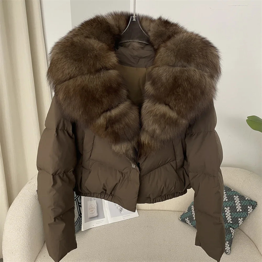 Women Short Puffer Jacket Thick New Big Natural Real Fox Fur Autumn Winter Female White Duck Down Coat Feather