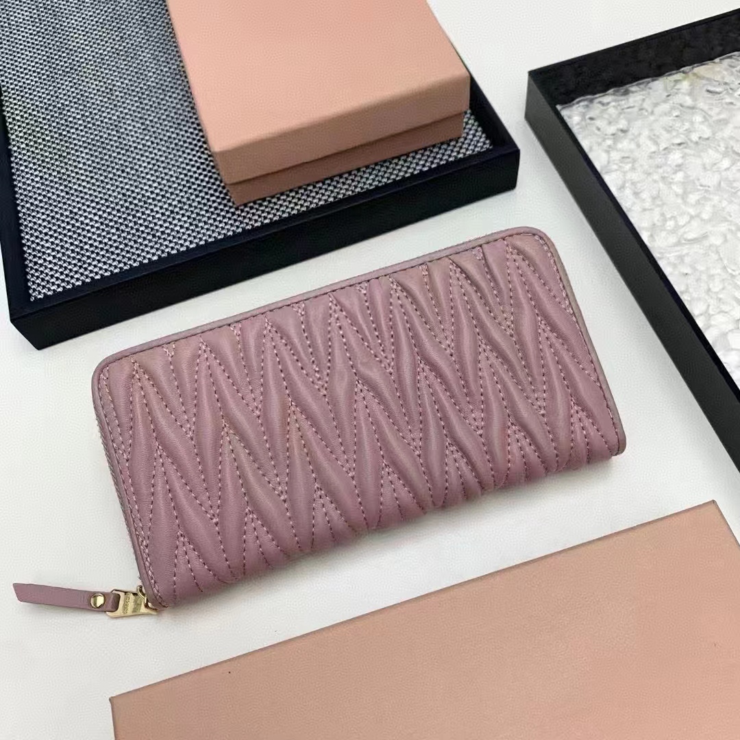 Genuine Leather Long Wallets Designer Pleated Sheep Skin Credit Card Holder Purse Clutches Luxury Handbags Designer Purses Fashion Zipper Money Bill Pocket 2898