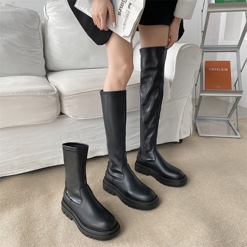 Elastic modern womens knee high boots fashionable round toe shoes autumn thick high heels womens long boots 240930