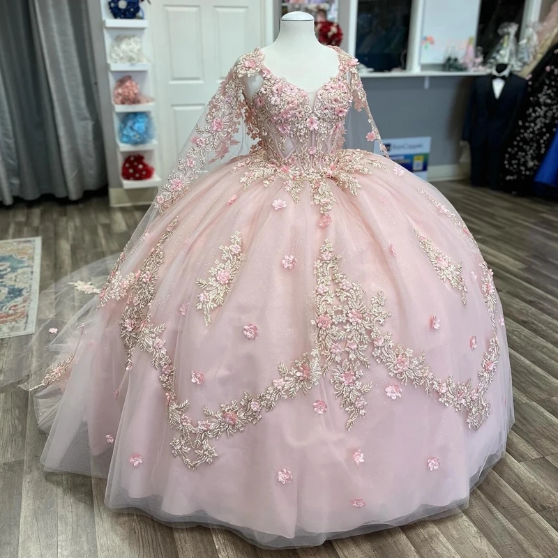 Mexican Pink Shiny Quinceanera Dresses Ball Gown 3D Floral Applique Beaded Crystal Tull Corset With Cape Sweet 16 Vestidos De 15 Anos