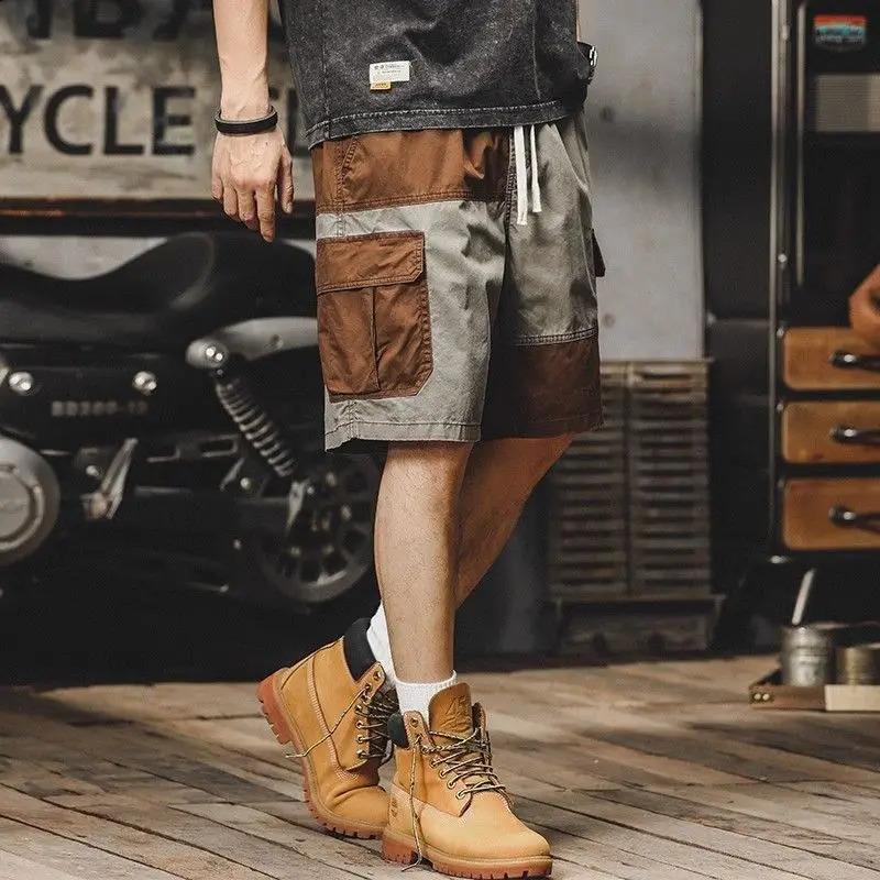 Mens cargo shorts retro brushed mens shorts loose stitching plus size width oversized pockets stretch six fold Whate Y2k 240929