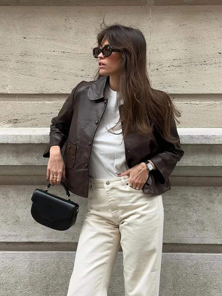 Vintage Lapel Pu Leather Jackets For Women Casual Single Breasted Long Sleeve Coats 2024 Autumn Lady High Street Outerwear 240927