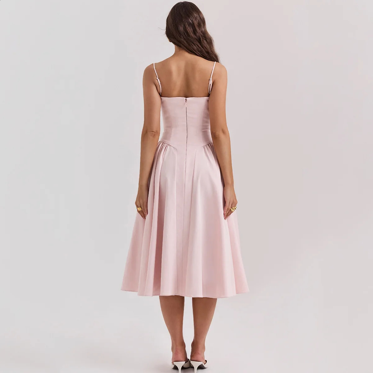 Mingmingxi Elegant Dress for Summer Pink Spaghetti Strap Midi with Pocket Long Party Dresses Holiday Women Clothing 240929