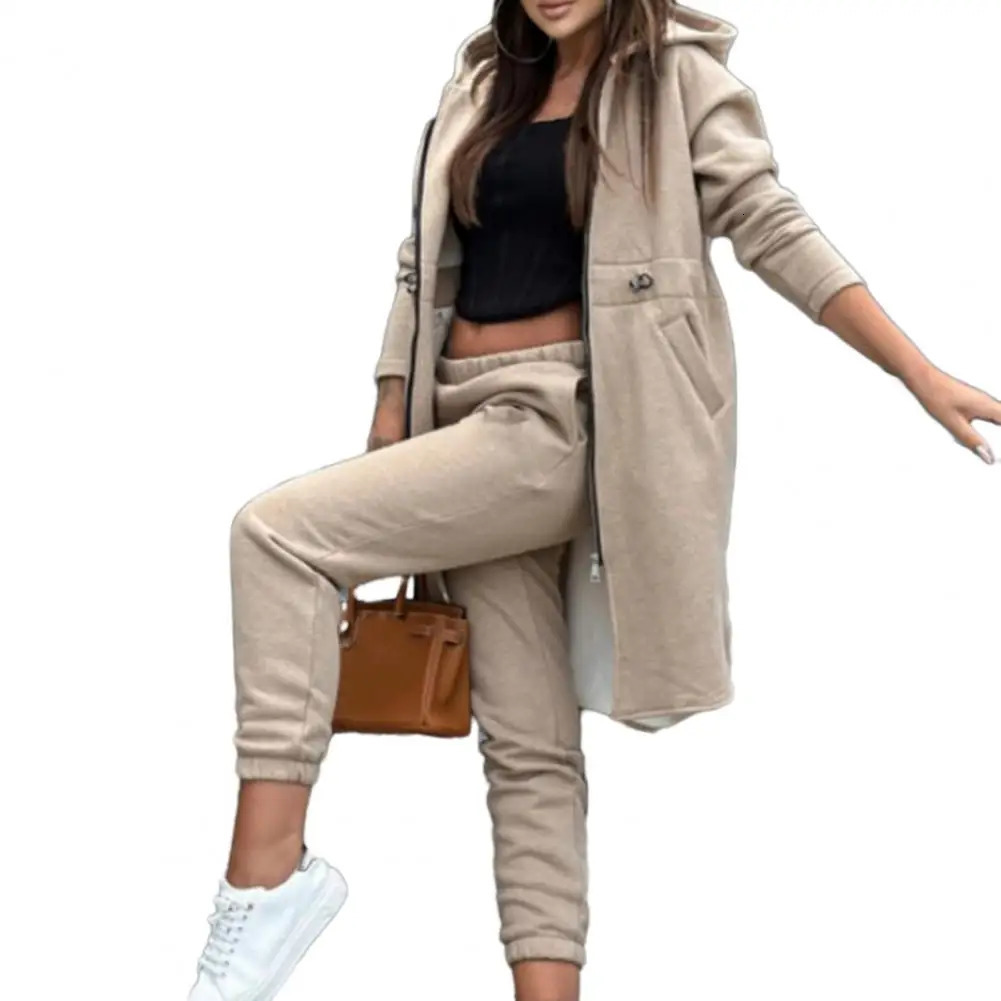 Womens sports pants set autumn and winter fashion zipper n long hooded jacket casual cuff twopiece 240927