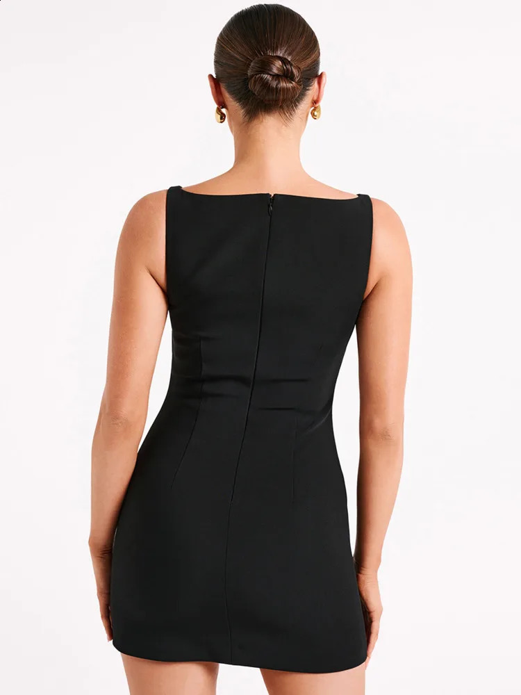 Mozision Fashion Sleeveless Sexy Mini Dress For Women Solid Color O Neck Zipper Two Layer Bodycon Club Party Elegant 240929