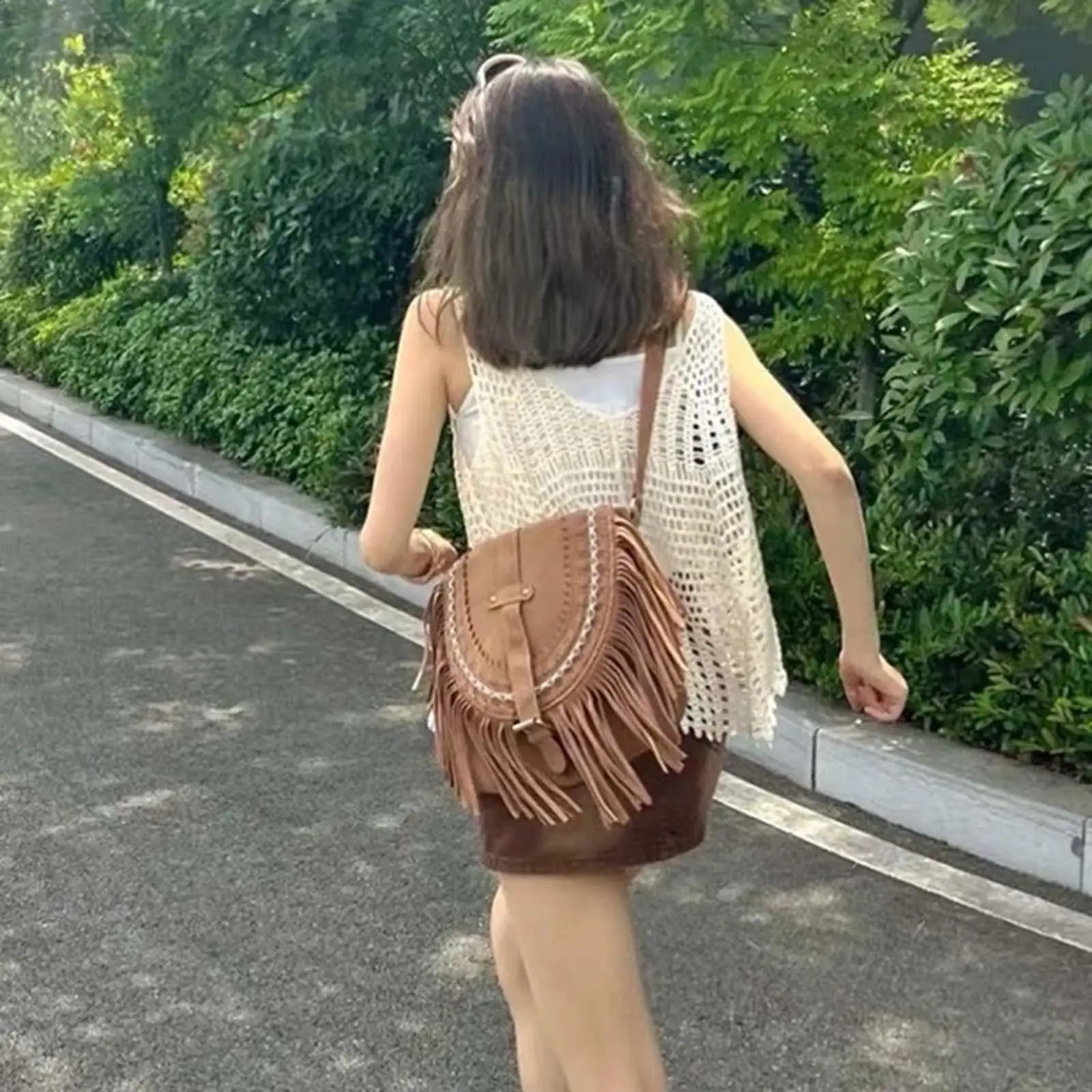 Fashionable retro handmade suede tassel shoulder cross messenger bag vintage Bohemian womens summer handbag 240923