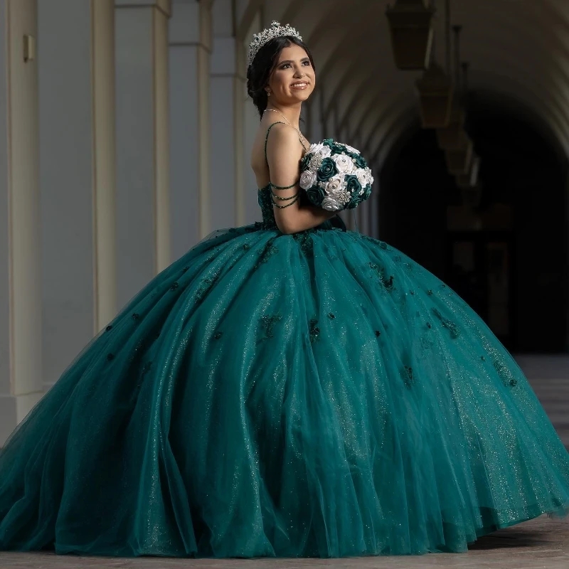 Blackish Green Quinceanera Dresses Spaghetti Strap Lace Applique Beads Tull Sweet 16 Dress Birthday Party Gown Vestidos De 15 Anos