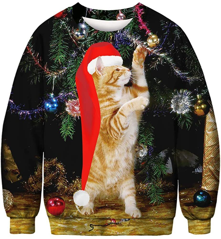 Halloween Animal Cat Meow Star 3D Digital Full Color Printed Men's Long Sleeve Pullover Sweater