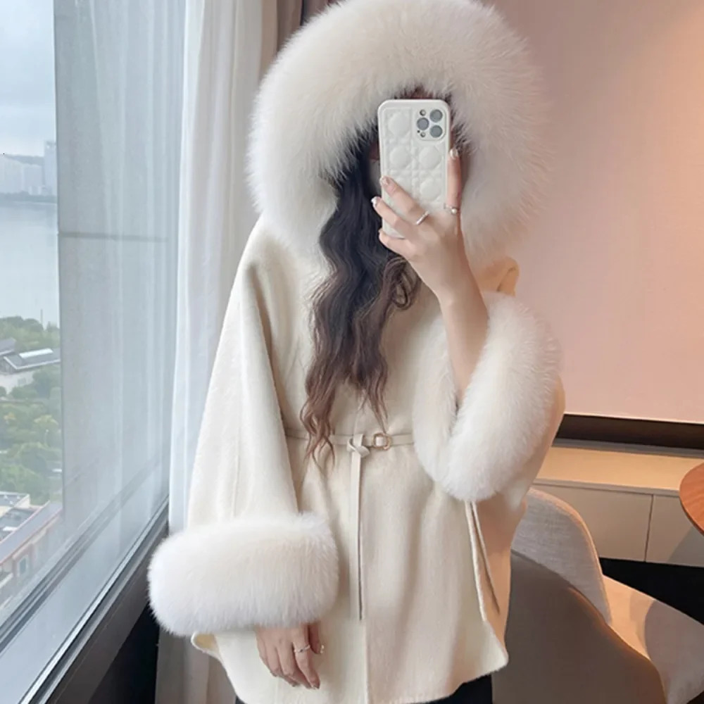 Real Fox Fur Wool Jacket Winter Womens Hoodie with Warm y Thick Coat Type Batwing Sleeves 240929