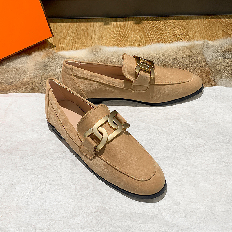 High End Oxford Shoes Ladies Preppy Leather Sneakers Woman Metal Chain Loafers Plush Cotton Fur Flats