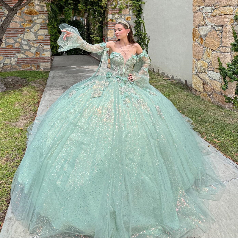 Mint Green Sparkly Quinceanera Dresses Ball Gown Off The Shoulder Lace Applique Beaded Tull Corset Sweet 16 Dress Vestidos De 15 Anos
